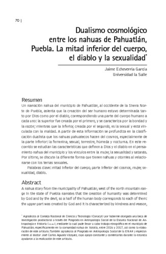 Dualismo cosmológico entre los nahuas de Pahuatlán, Puebla. La mitad inferior del cuerpo, el diablo y la sexualidad